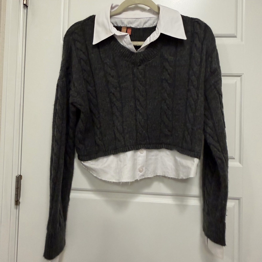 Pilcro Cropped Dark Gray Cable Knit Sweater with shirt sewed in